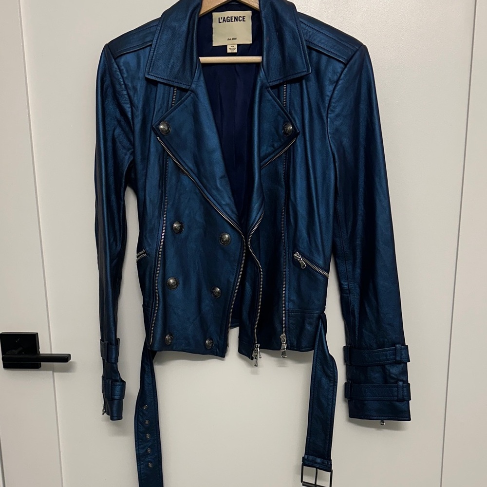 L'AGENCE Deep Blue Leather Jacket